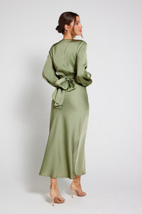 Pippa Long Sleeve Satin Maxi Dress - Olive