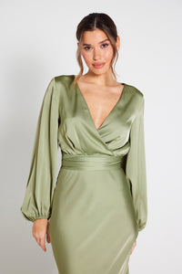 Pippa Long Sleeve Satin Maxi Dress - Olive