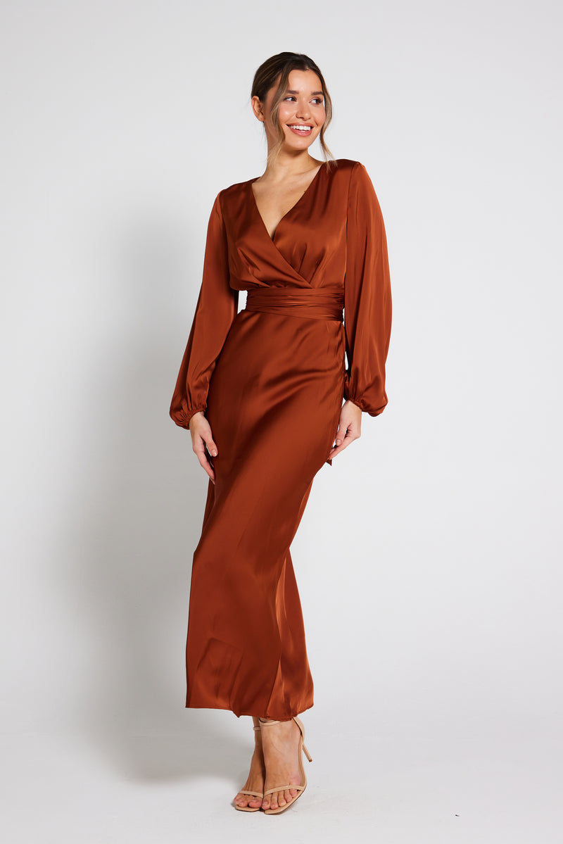 Pippa Long Sleeve Satin Maxi Dress - Rust