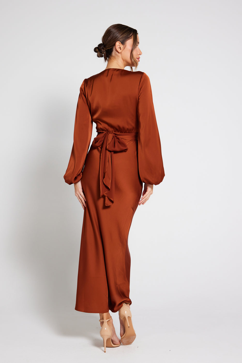Pippa Long Sleeve Satin Maxi Dress in Rust | Luxe Collection Dresses ...