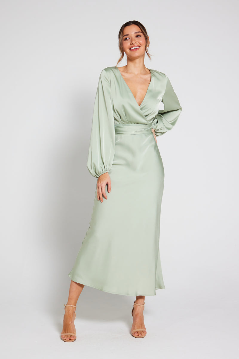 Pippa Long Sleeve Satin Maxi Dress in Sage Green | Luxe Collection Dresses Liena Pippa Long Sleeve Satin Maxi Dress in Sage Green | Luxe Collection Dresses Liena
