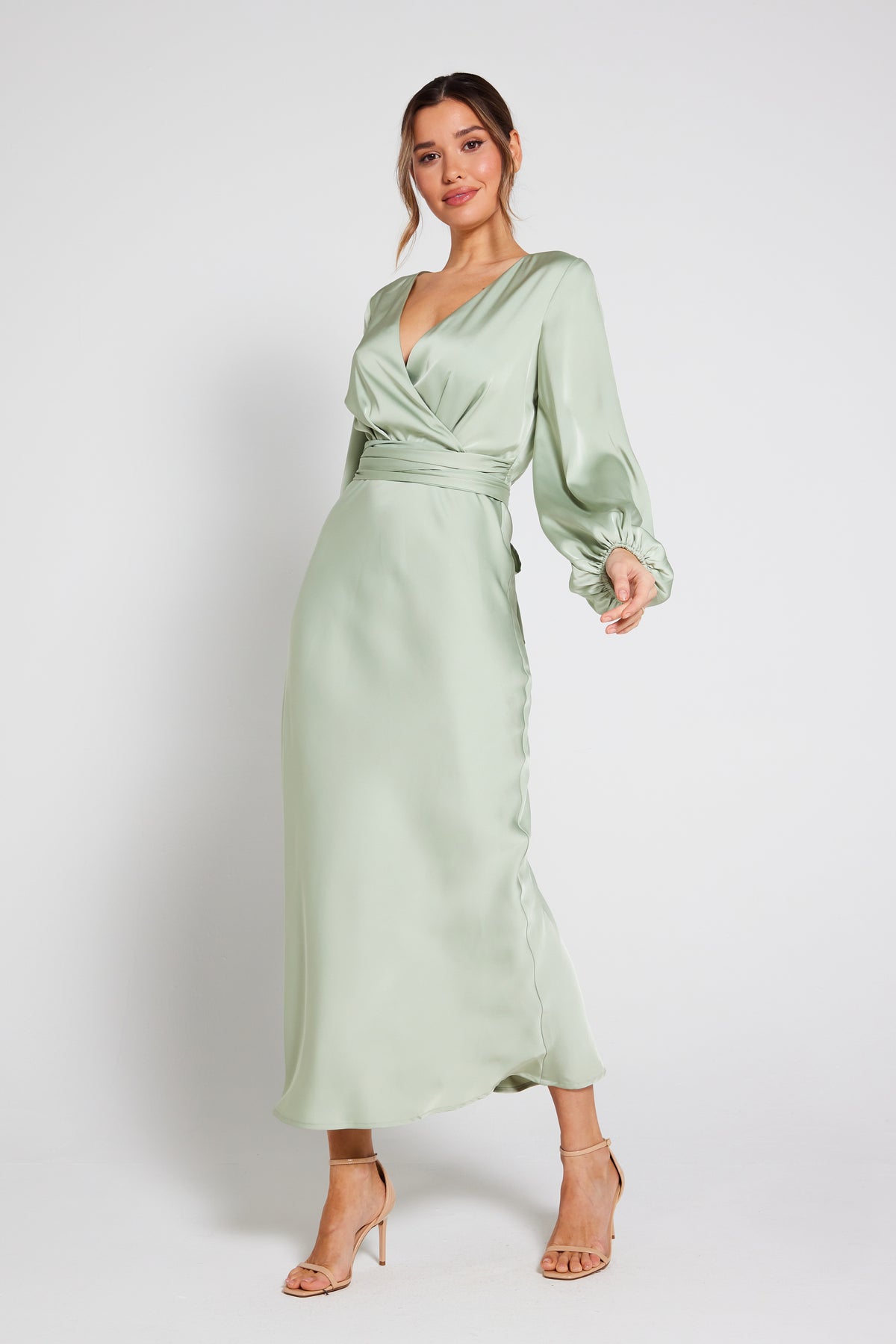 Pippa Long Sleeve Satin Maxi Dress - Sage Green