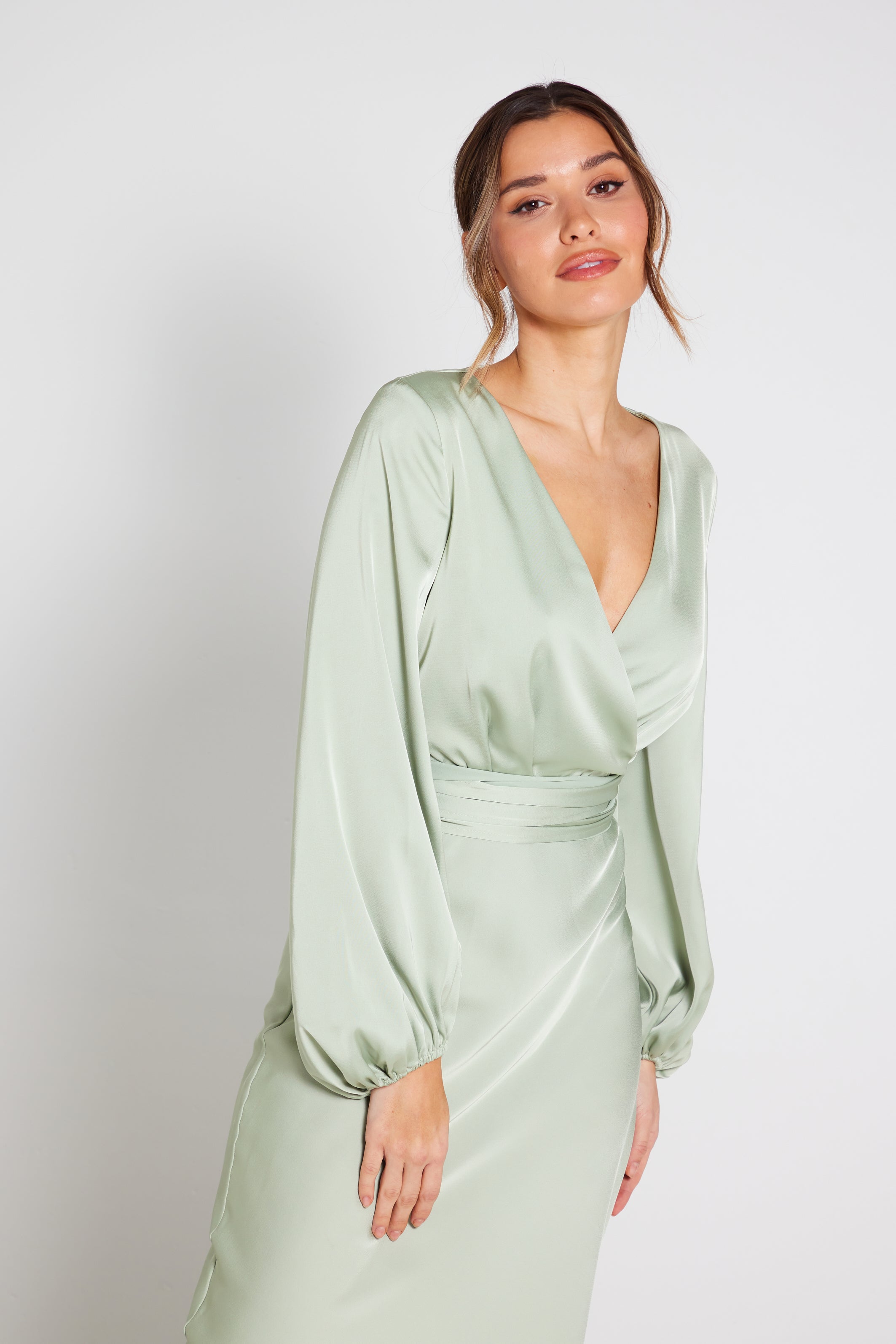 Pippa Long Sleeve Satin Maxi Dress in Sage Green | Luxe Collection Dresses Liena Pippa Long Sleeve Satin Maxi Dress in Sage Green | Luxe Collection Dresses Liena