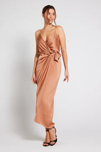 Rosa Tie Side Satin Cami Wrap Dress -Almond