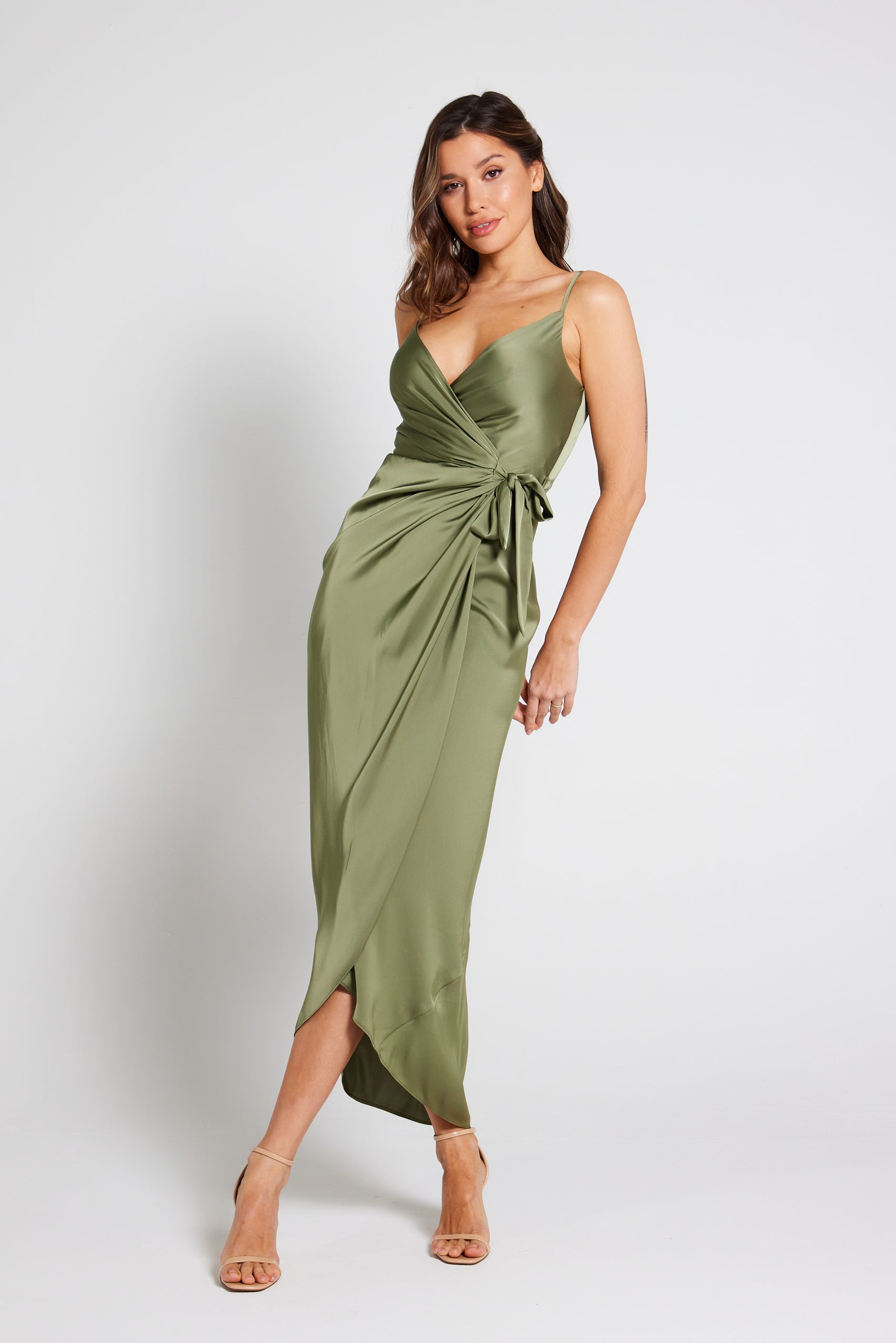 Olive Green Occasion Dress Olive Satin Tie Waist Cami Wrap Dress