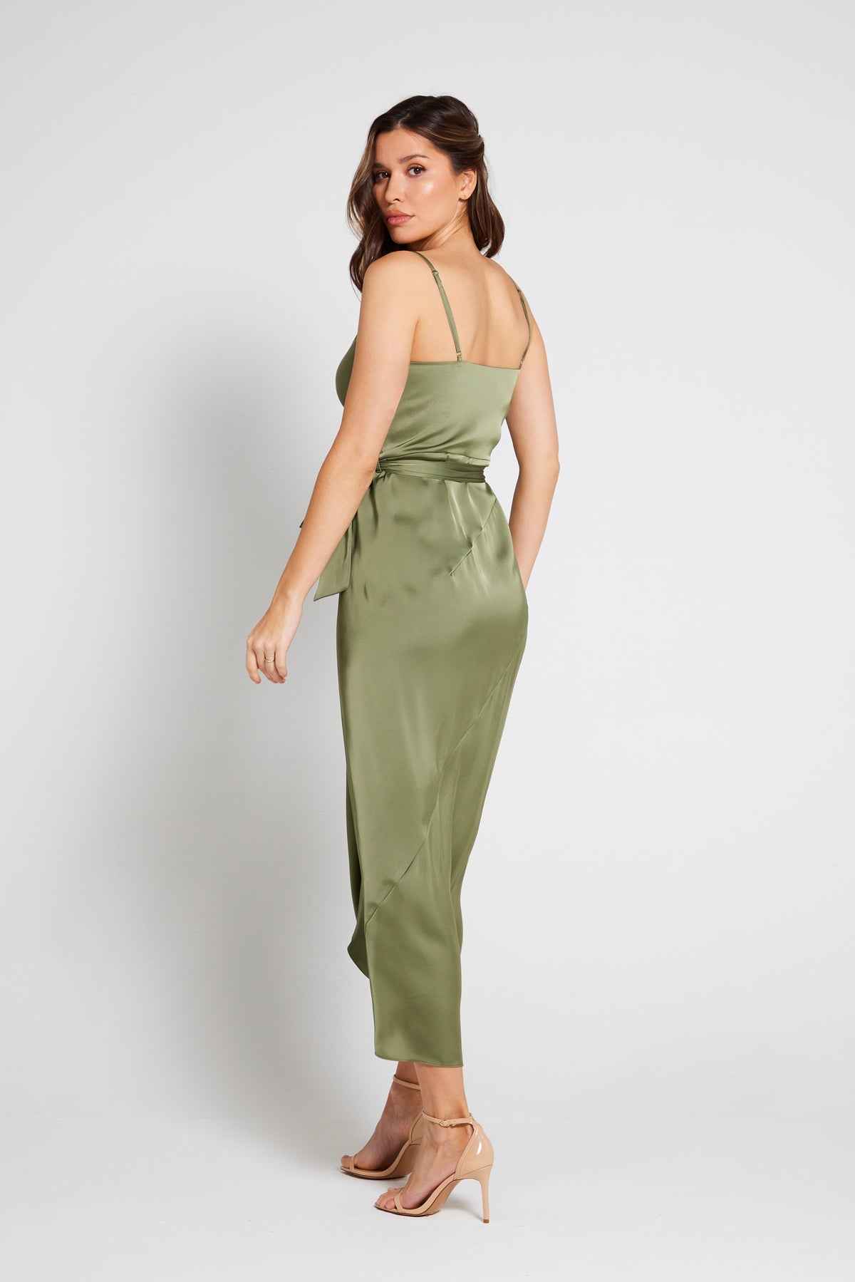 Rosa Tie Side Satin Cami Wrap Dress - Olive