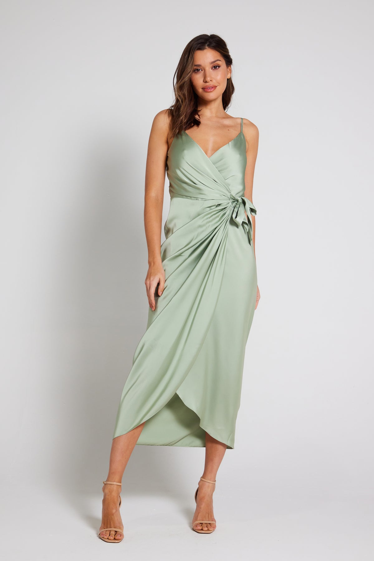 Rosa Tie Side Satin Cami Wrap Dress - Sage Green