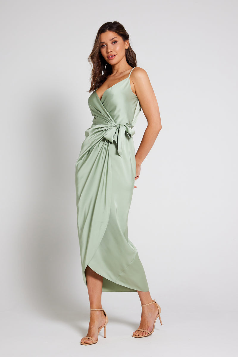 Rosa Tie Side Satin Cami Wrap Dress - Sage Green