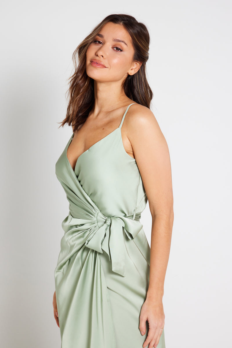 Sage Green Satin Tie Waist Cami Wrap Dress | Luxe Collection | Liena UK Sage Green Satin Tie Waist Cami Wrap Dress | Luxe Collection | Liena UK