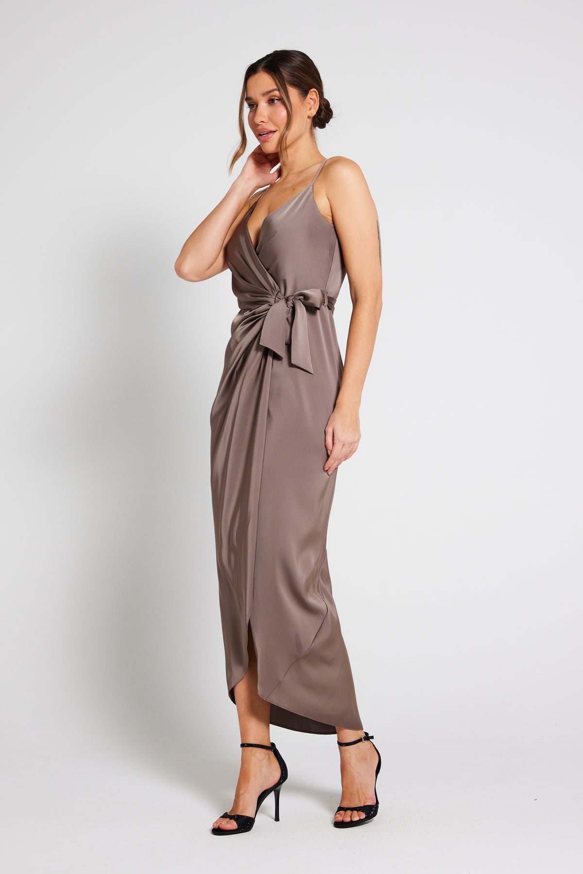 Rosa Tie Side Satin Cami Wrap Dress - Taupe