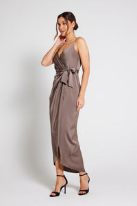 Rosa Tie Side Satin Cami Wrap Dress - Taupe