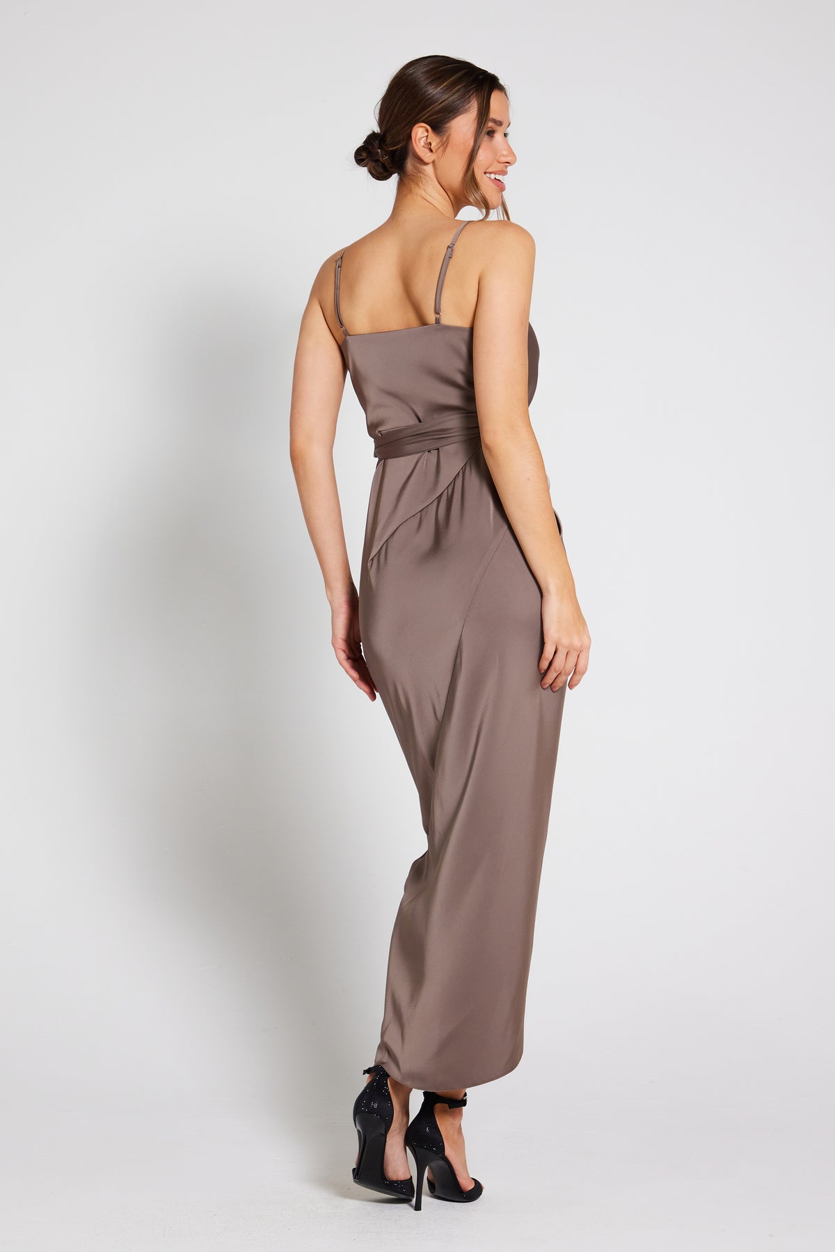 Rosa Tie Side Satin Cami Wrap Dress - Taupe