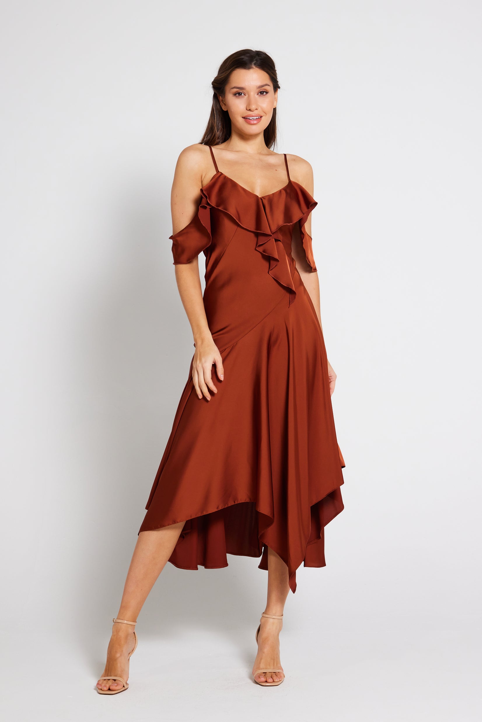 Vienna Frill Cold Shoulder Satin Midi Dress in Rust | Luxe Collection ...