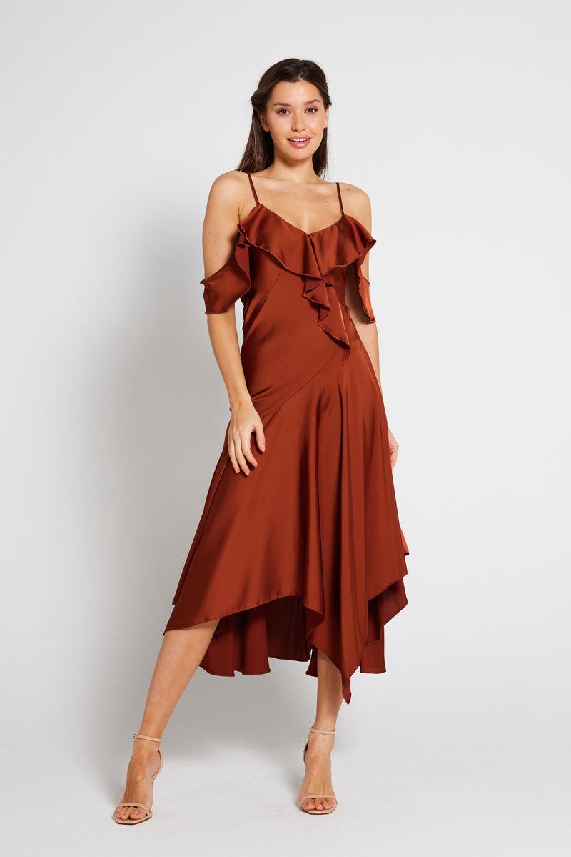 Vienna Frill Cold Shoulder Satin Midi Dress - Rust