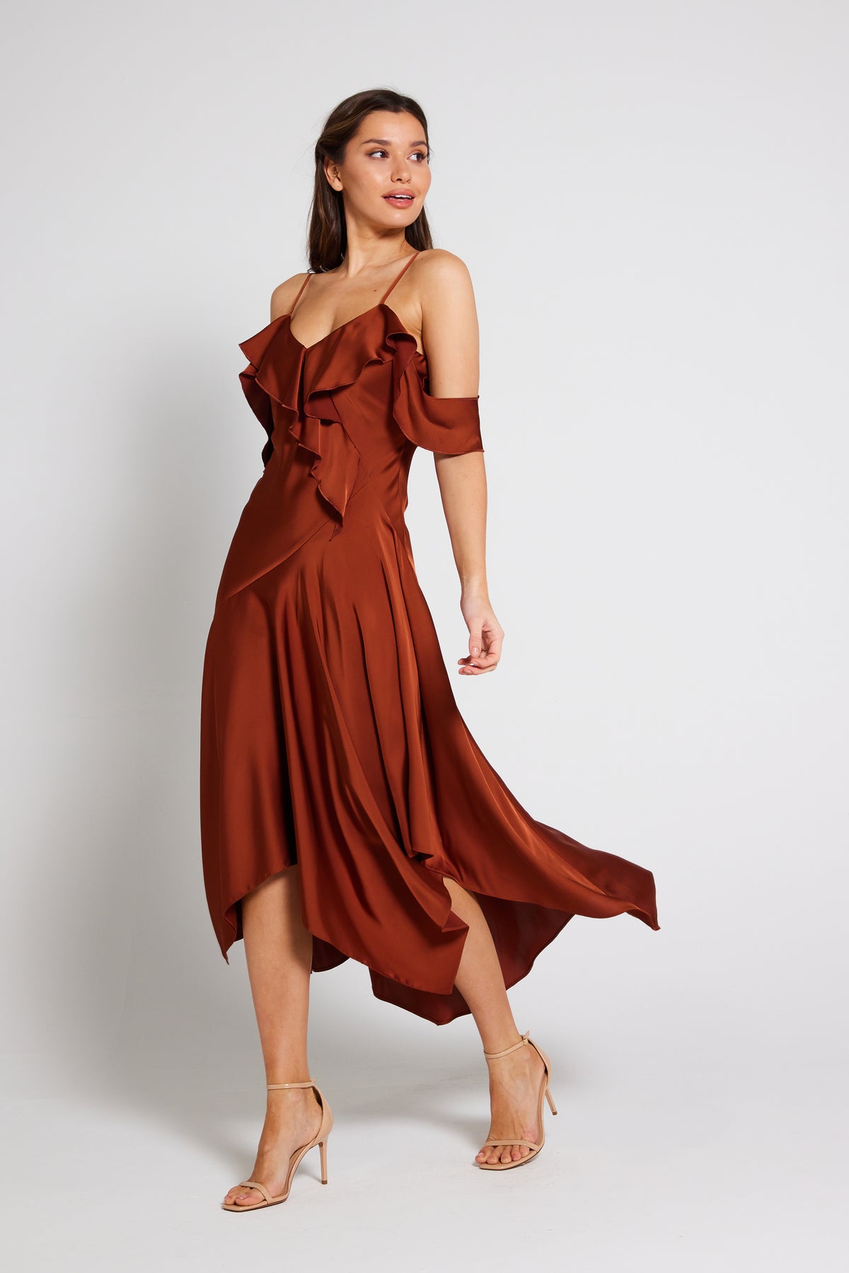 rust cocktail dress Vienna Frill Cold Shoulder Satin Midi Dress