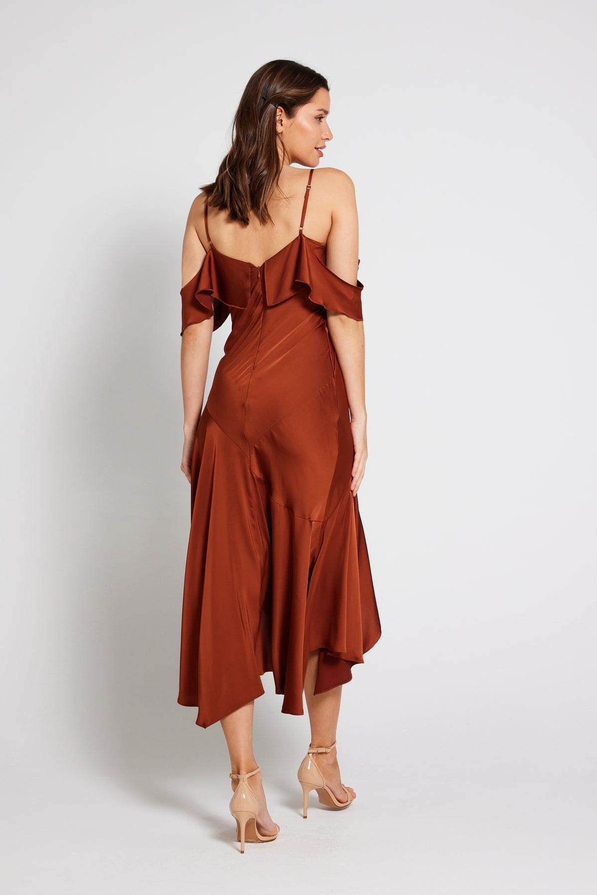 Vienna Frill Cold Shoulder Satin Midi Dress - Rust