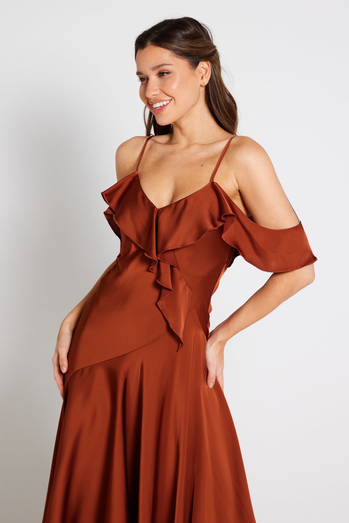 Vienna Frill Cold Shoulder Satin Midi Dress in Rust | Luxe Collection Dresses Liena Vienna Frill Cold Shoulder Satin Midi Dress in Rust | Luxe Collection Dresses Liena