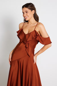 Vienna Frill Cold Shoulder Satin Midi Dress - Rust