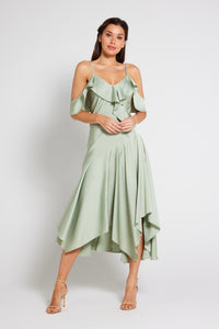 Vienna Frill Cold Shoulder Satin Midi Dress - Sage Green