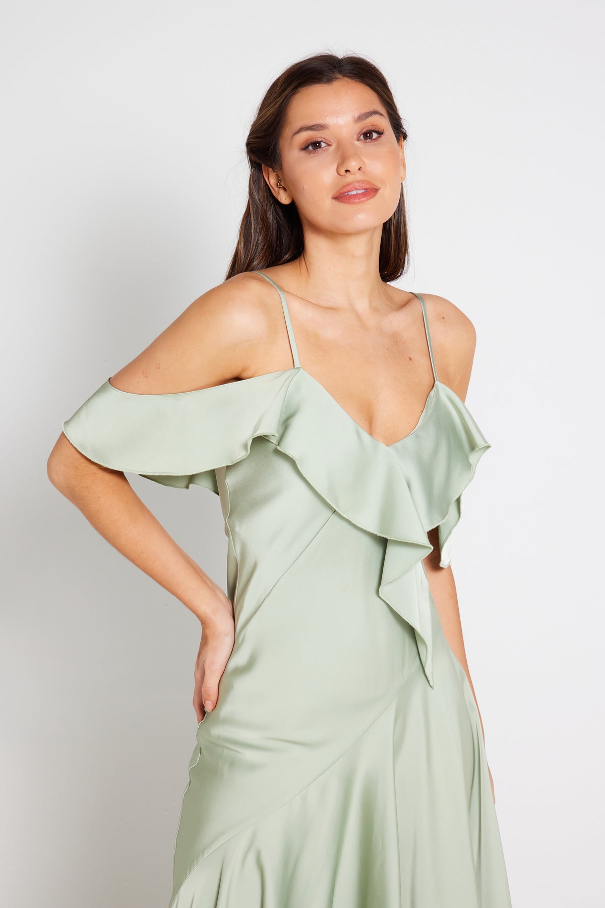 Vienna Frill Cold Shoulder Satin Midi Dress - Sage Green