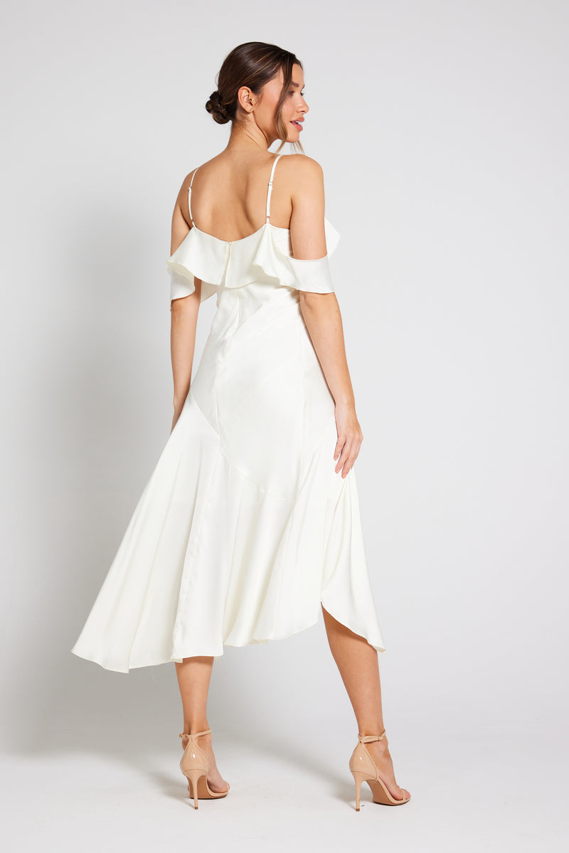 Vienna Frill Cold Shoulder Satin Midi Dress - Ivory