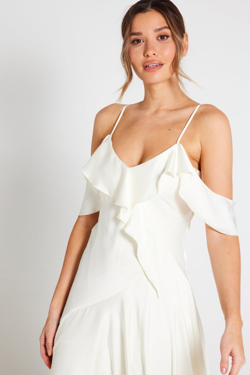 Vienna Frill Cold Shoulder Satin Midi Dress - Ivory