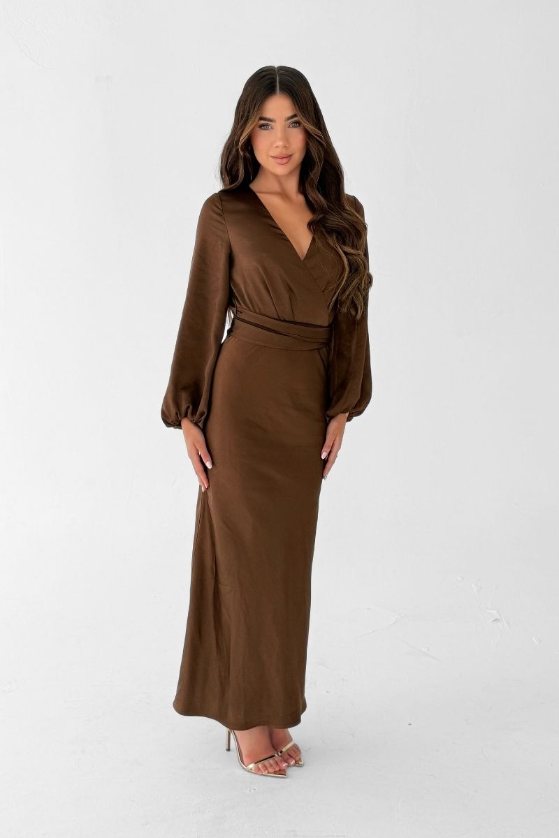Pippa Long Sleeve Satin Maxi Dress -  Chocolate