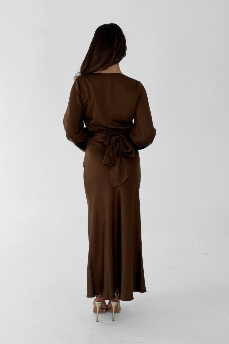 Pippa Long Sleeve Satin Maxi Dress -  Chocolate