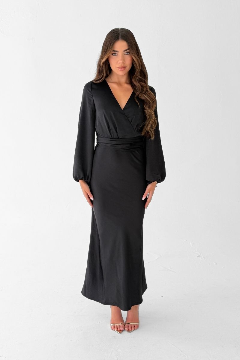 Pippa Long Sleeve Satin Maxi Dress -  Black
