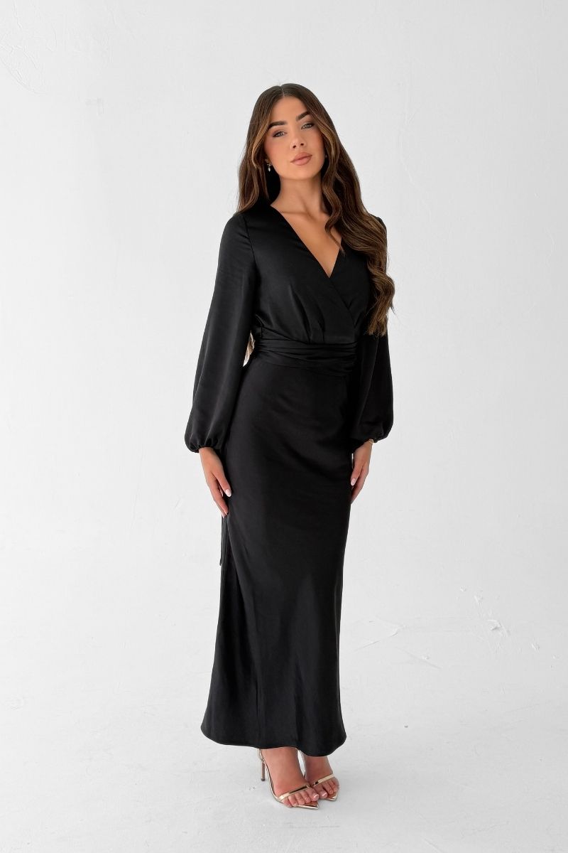 Pippa Long Sleeve Satin Maxi Dress -  Black