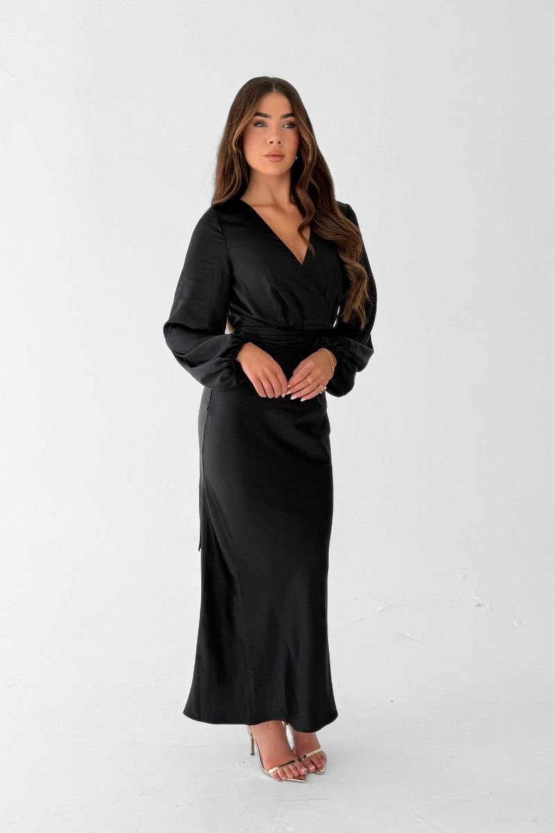 Pippa Long Sleeve Satin Maxi Dress -  Black