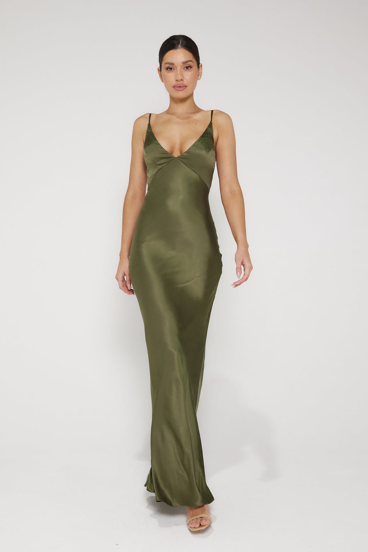 Khaki Satin Draped Bandeau Corset Midaxi Dress Khaki Silk Dress