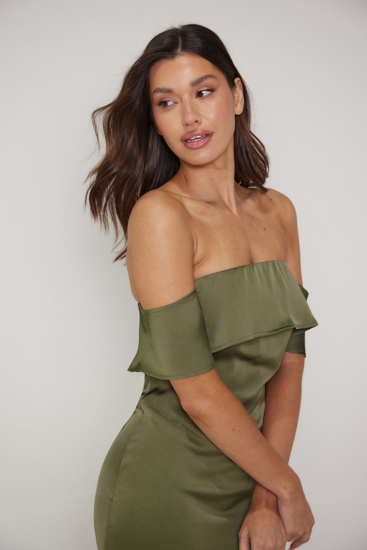 Aimee Bardot Maxi Dress - Olive | Luxe Collection | Liena UK Aimee Bardot Maxi Dress - Olive | Luxe Collection | Liena UK
