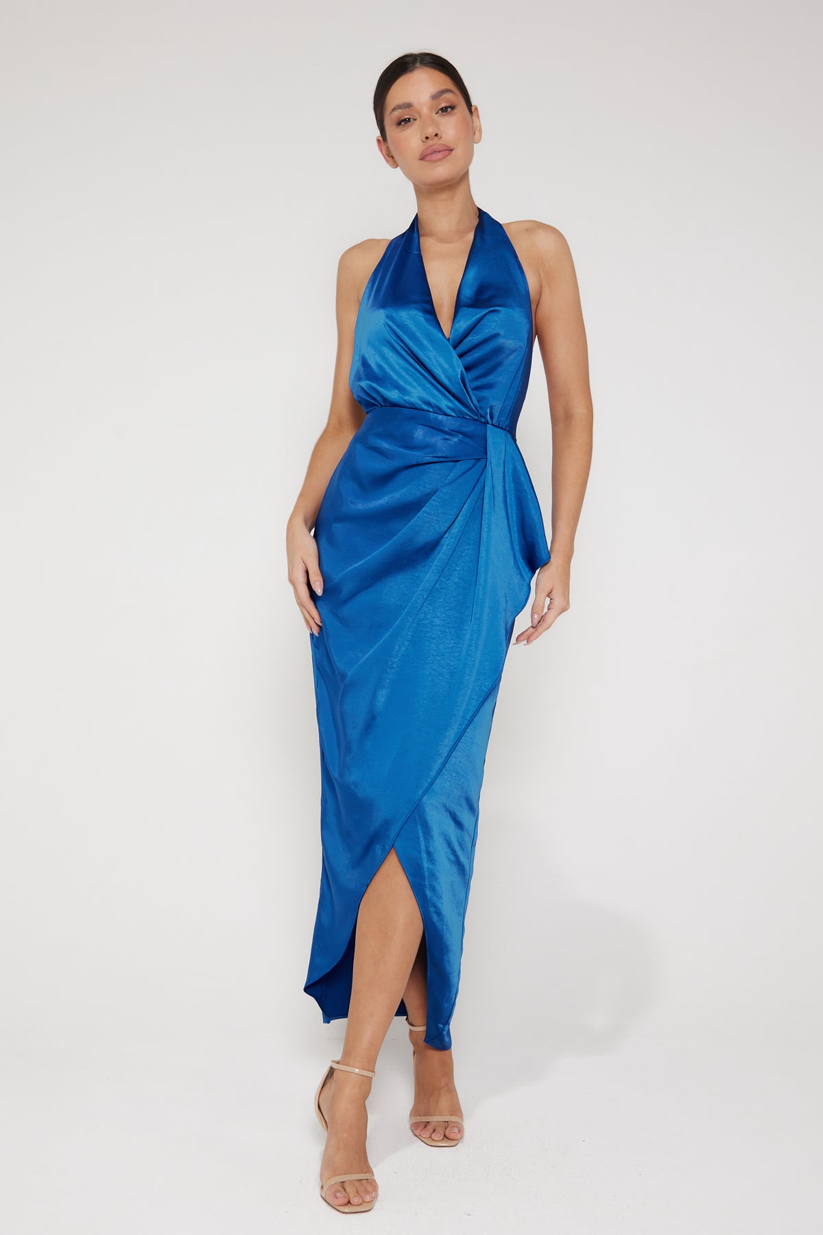 Amber Halter Neck Wrap Midi Dress - Royal Blue | Liena UK Amber Halter Neck Wrap Midi Dress - Royal Blue | Liena UK