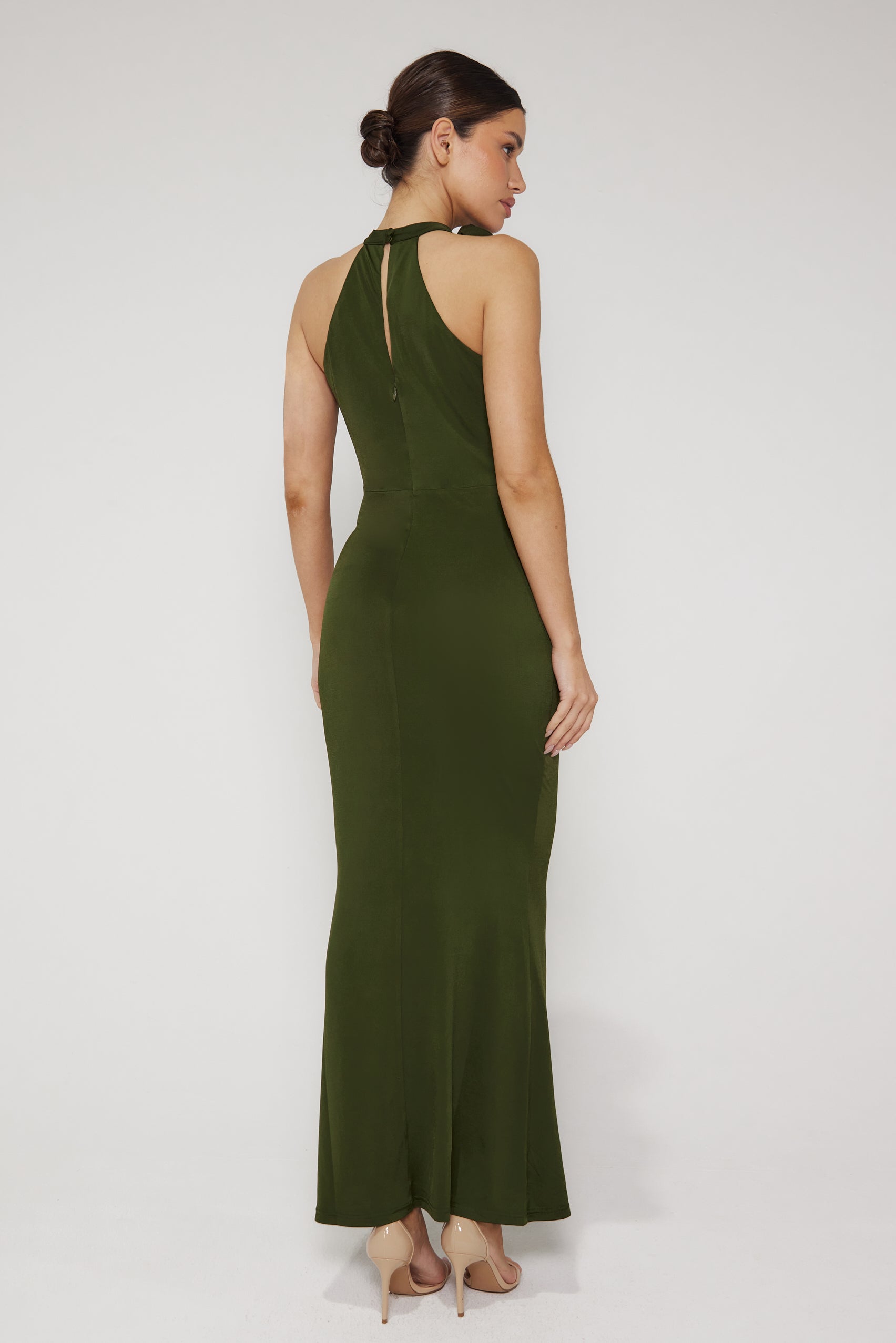 Lola Plunge Halter Neck Maxi Dress - Khaki | Liena UK