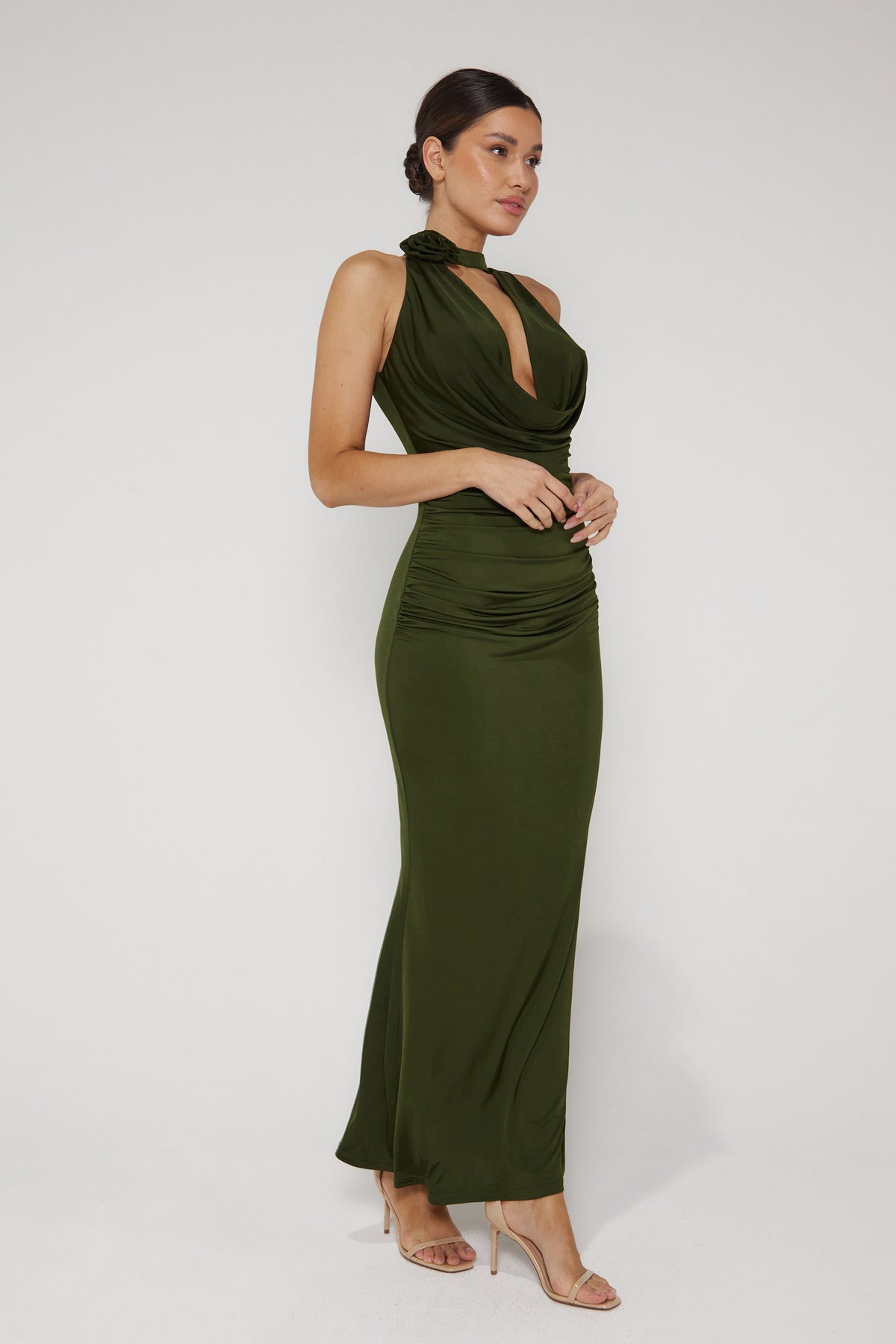 Lola Plunge Halter Neck Maxi Dress - Khaki | Liena UK Lola Plunge Halter Neck Maxi Dress - Khaki | Liena UK