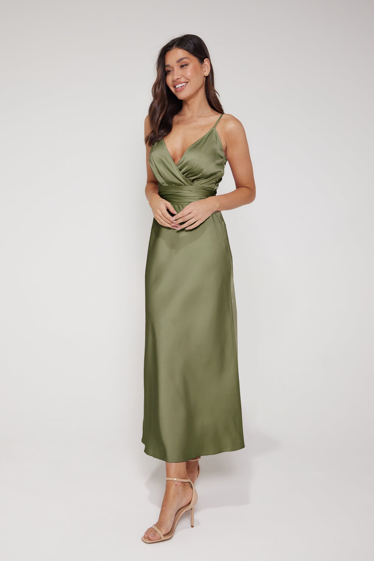 Tie Waist Cami Wrap Midi Dress in Olive | Luxe Collection | Liena UK Tie Waist Cami Wrap Midi Dress in Olive | Luxe Collection | Liena UK