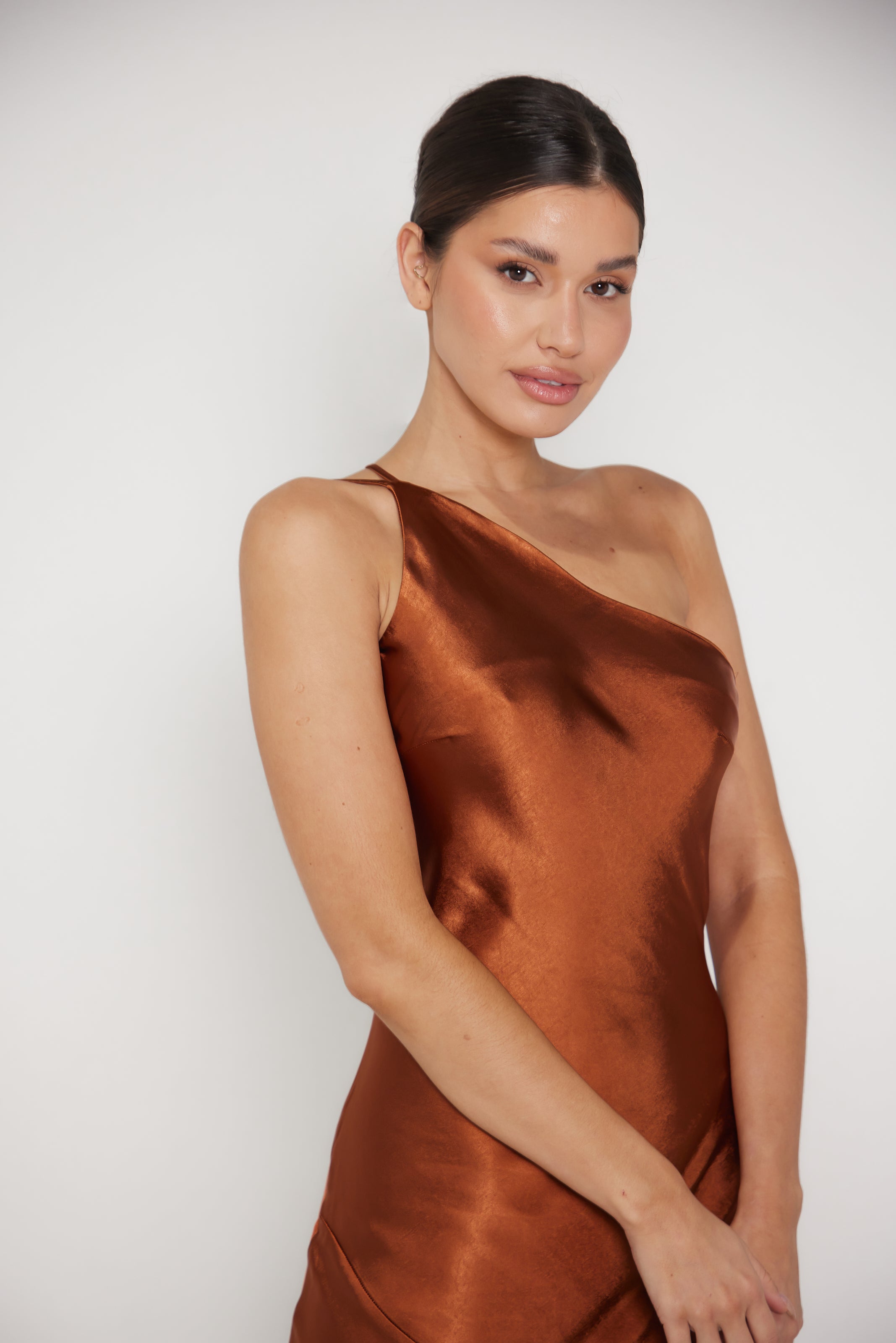 Monica One Shoulder Satin Maxi Dress Rust