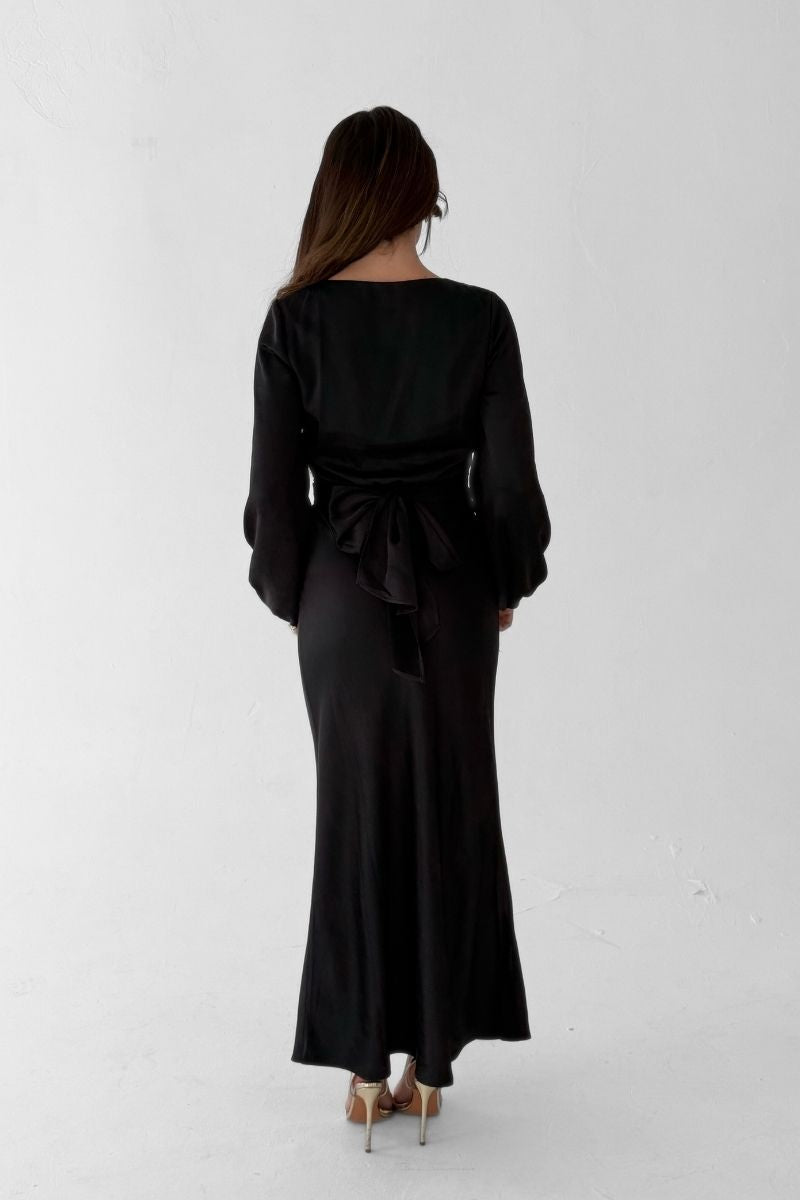 Pippa Long Sleeve Satin Maxi Dress -  Black