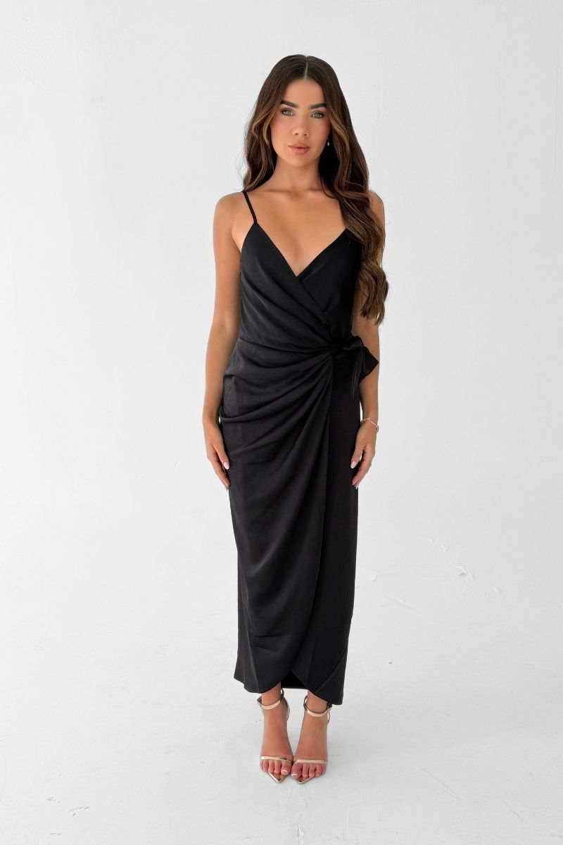Rosa Tie Side Satin Cami Wrap Dress - Black