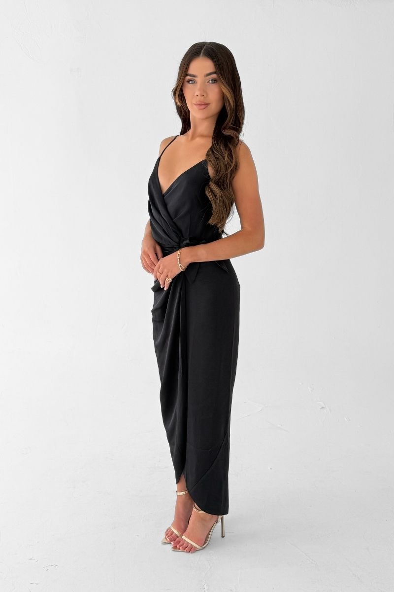 Rosa Tie Side Satin Cami Wrap Dress - Black