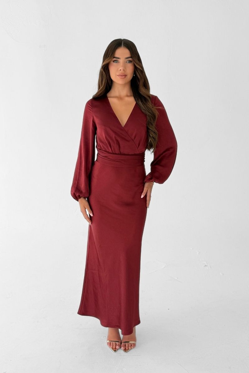Pippa Long Sleeve Satin Maxi Dress -  Wine