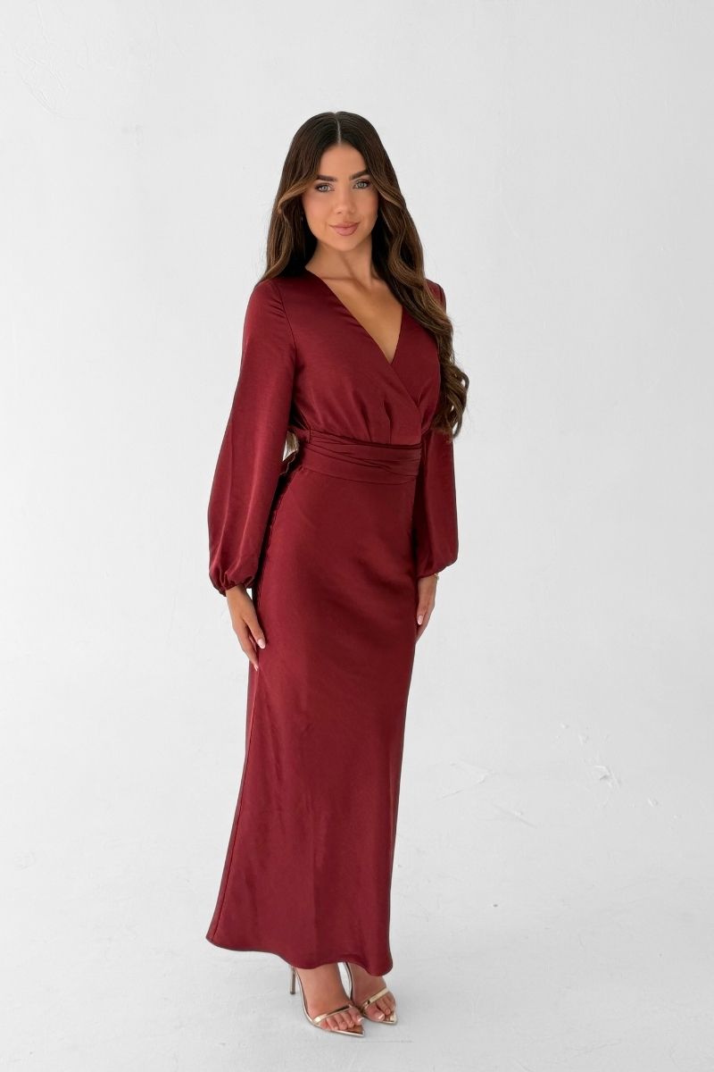 Pippa Long Sleeve Satin Maxi Dress -  Wine