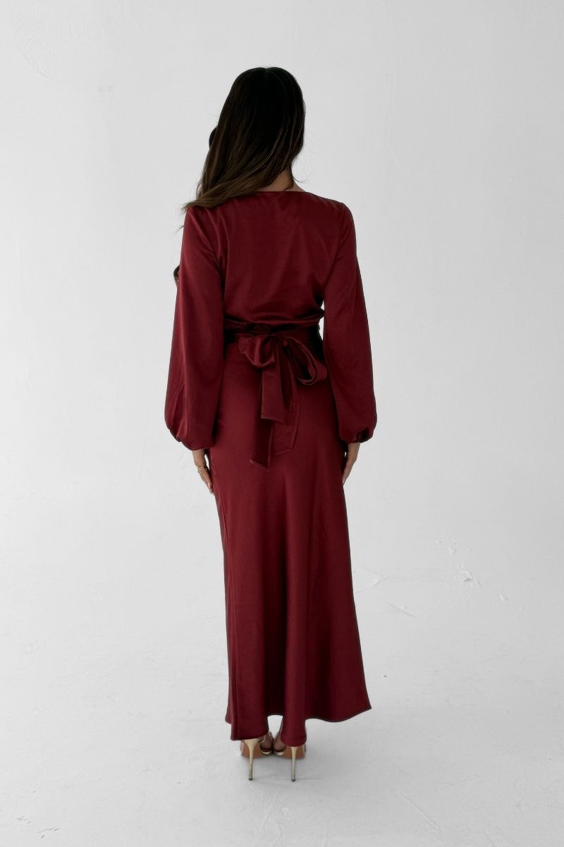 Pippa Long Sleeve Satin Maxi Dress -  Wine