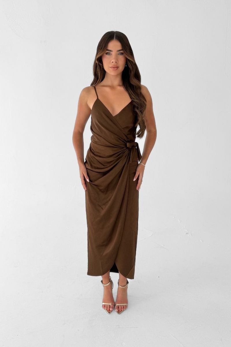 Rosa Tie Side Satin Cami Wrap Dress -Chocolate
