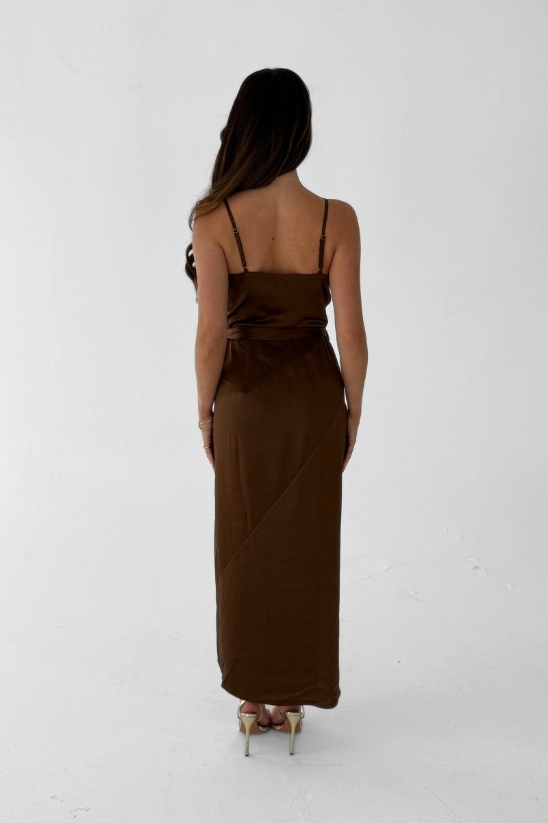 Rosa Tie Side Satin Cami Wrap Dress -Chocolate