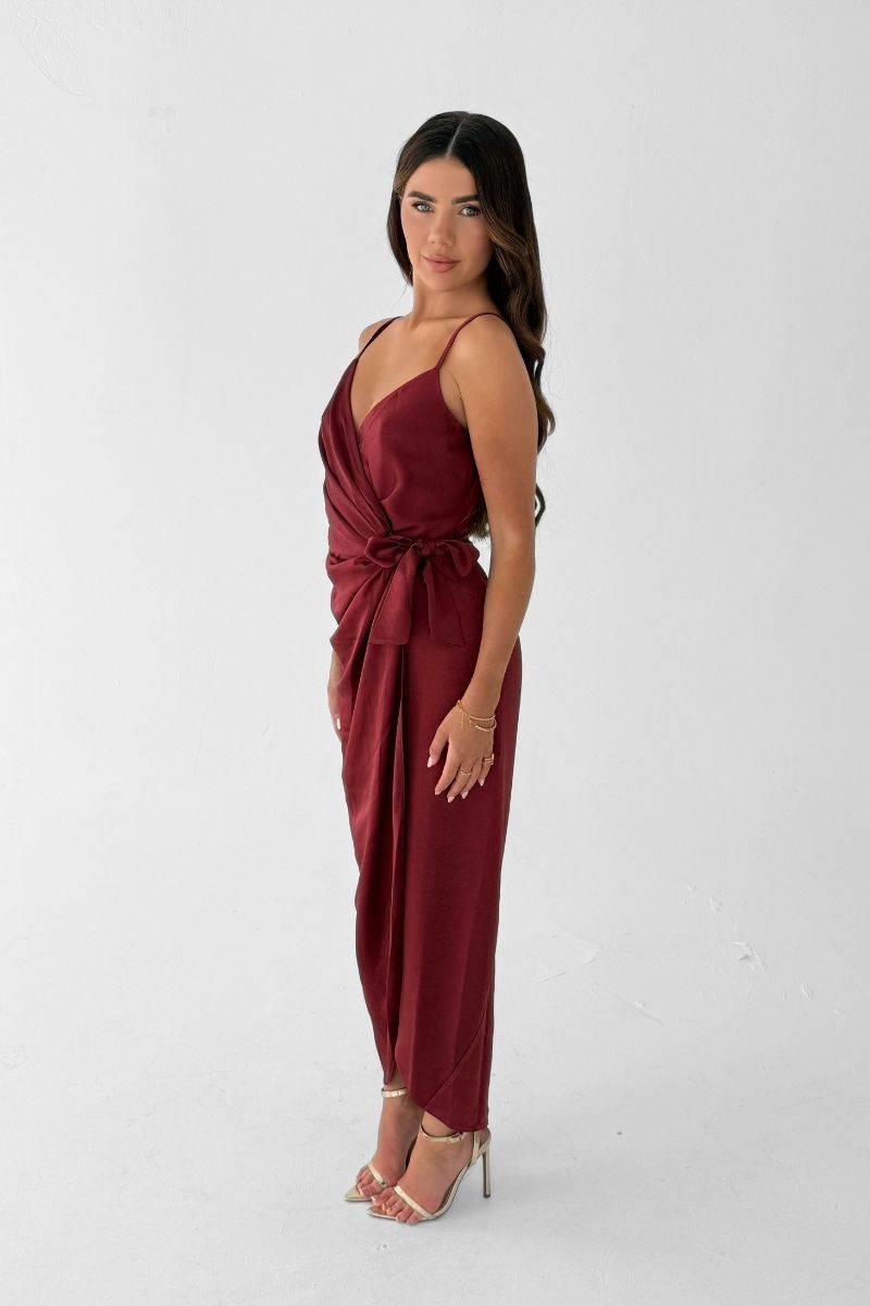 Rosa Tie Side Satin Cami Wrap Dress - Wine