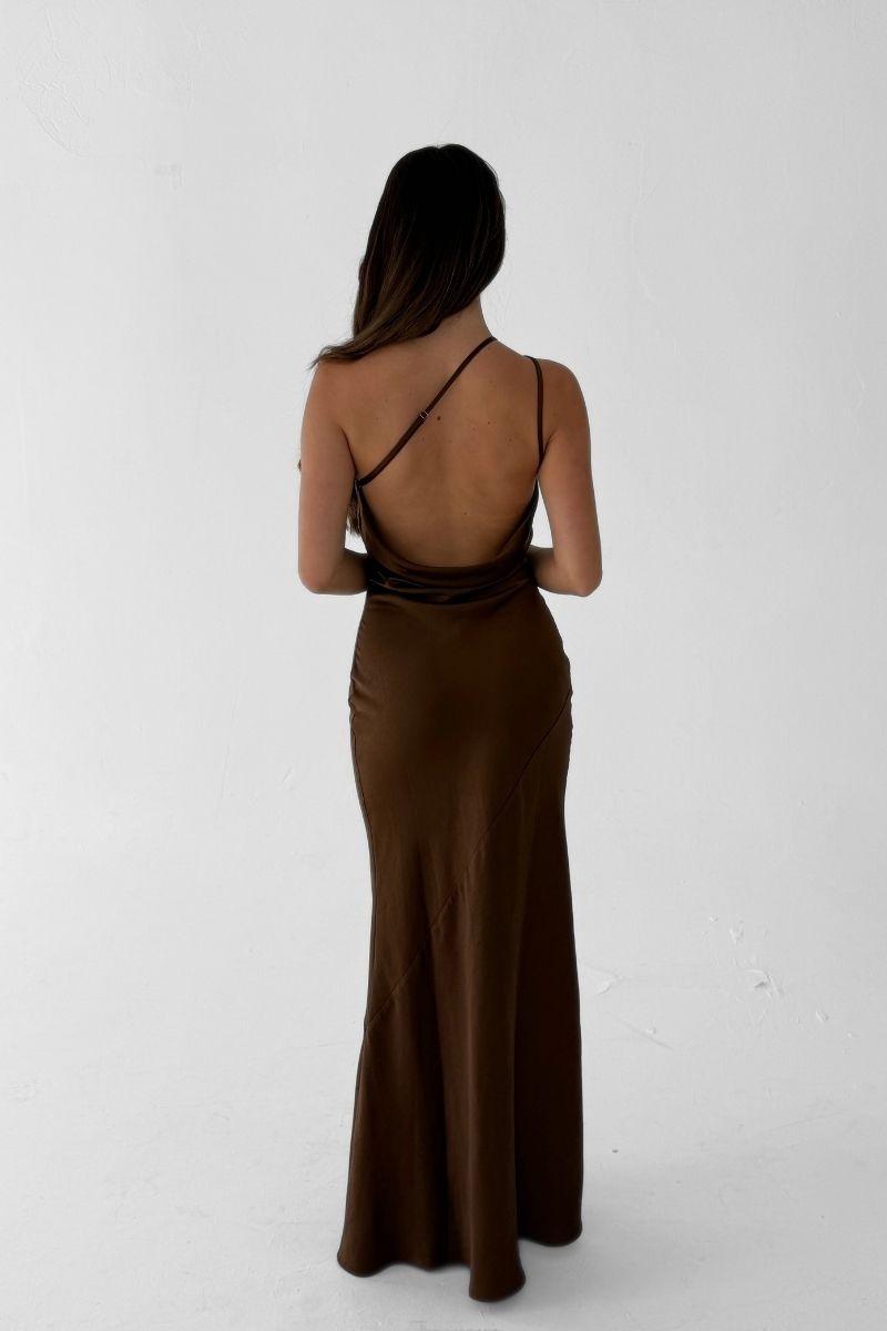 Monica One-Shoulder Satin Bridesmaid Gown - Chocolate Liena Monica One-Shoulder Satin Bridesmaid Gown - Chocolate Liena
