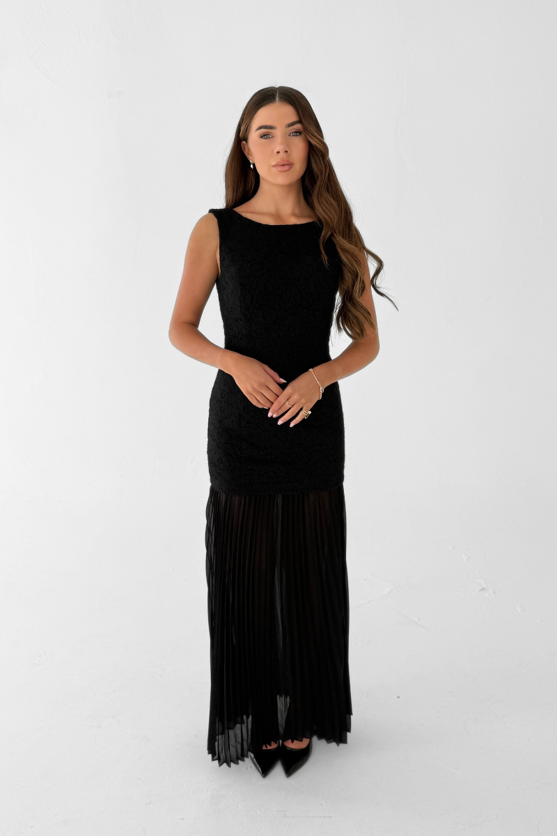 Sabina Lace Bodice Dress with Pleated Skirt Black