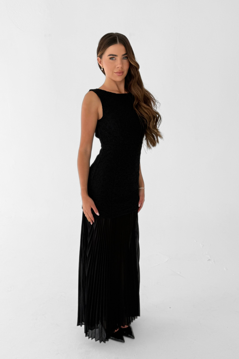 Sabina Lace Bodice Dress with Pleated Skirt Black